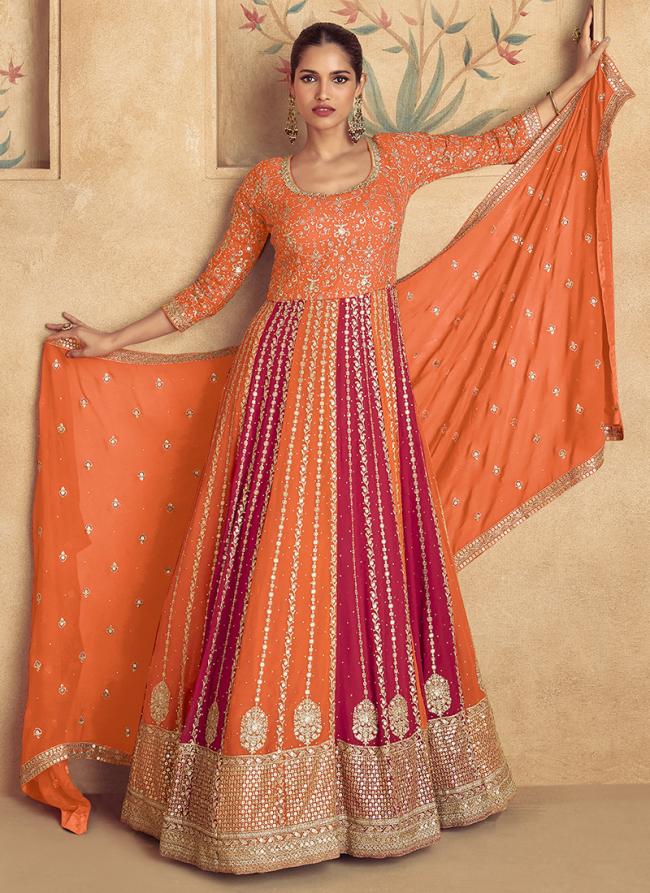 Georgette Orange Wedding Wear Embroidery Work Readymade Anarkali Suit